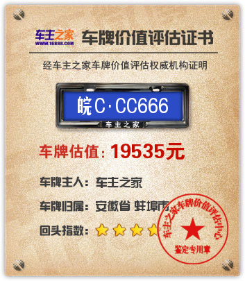 皖CCC666车牌价值评估:19535人民币 – 