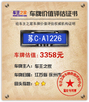 苏CA1226车牌价值评估:3358人民币 – 